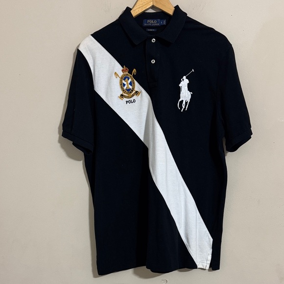 Polo by Ralph Lauren Men's Black White Polo Shirt Big Pony Crest size L Preppy - Picture 2 of 11